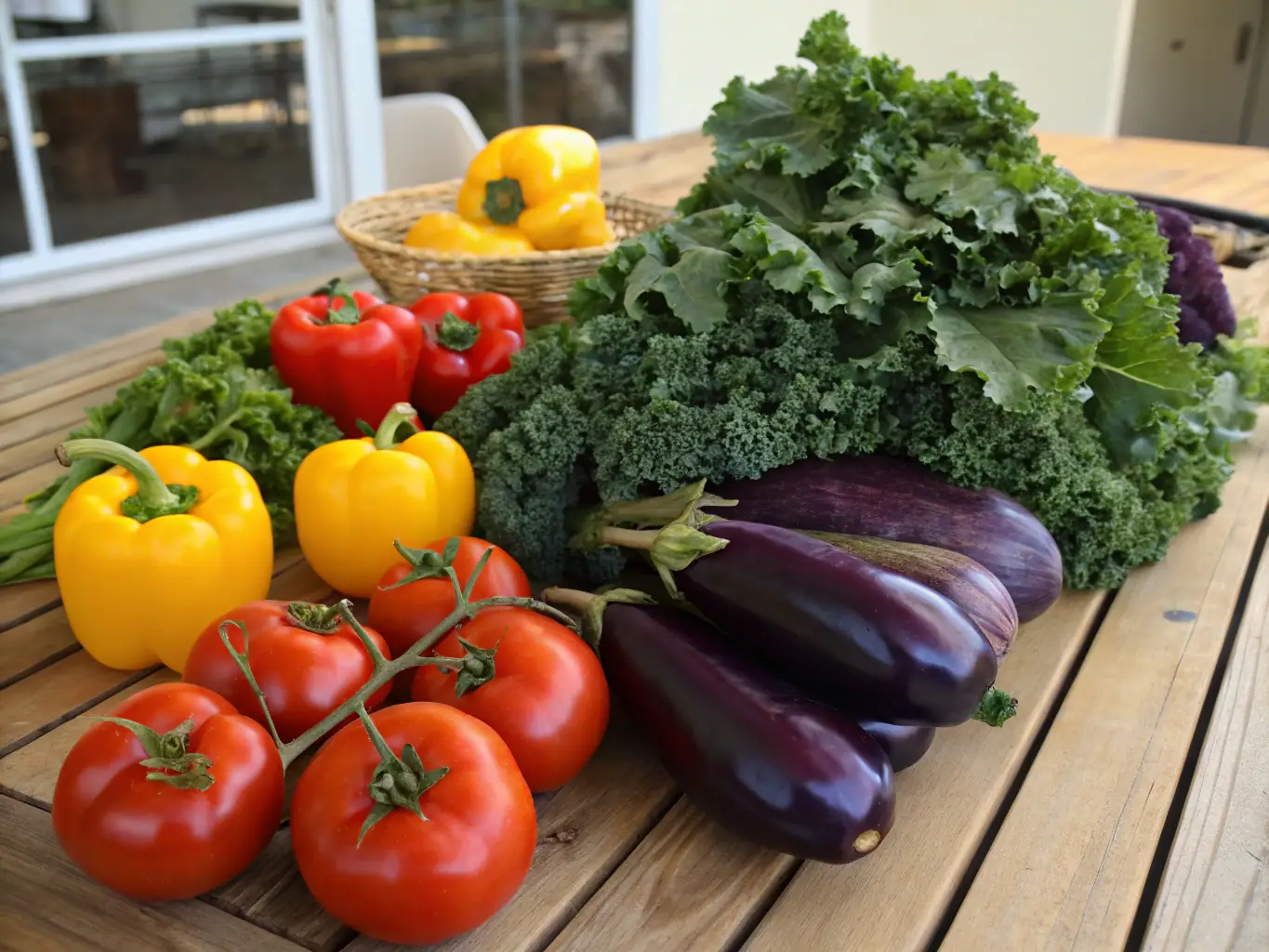 A close-up image of a variety of fresh fruits and vegetables arranged in a visually appealing manner, highlighting the natural colors and textures of whole foods.
