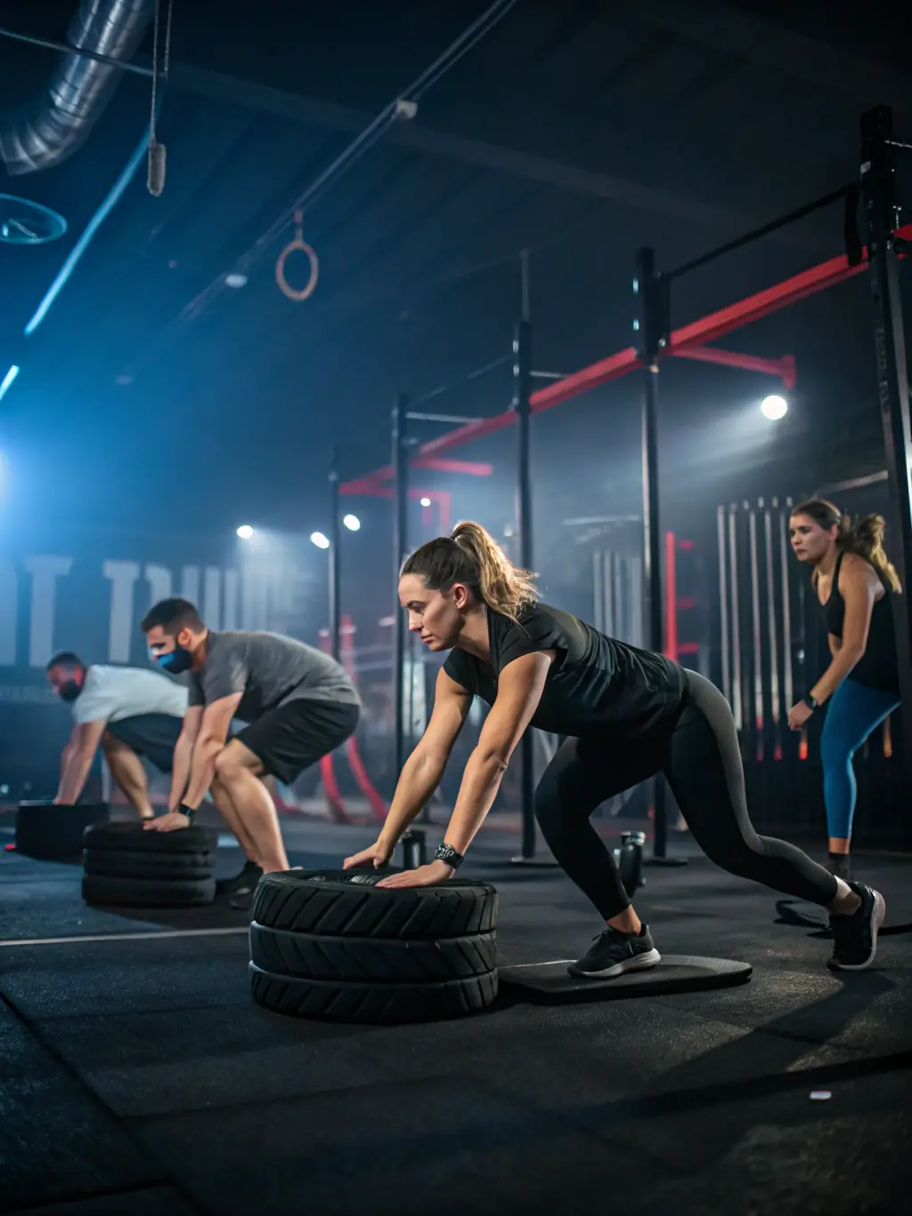 A dynamic shot of people participating in a high-intensity interval training (HIIT) class, showcasing the latest fitness trends.