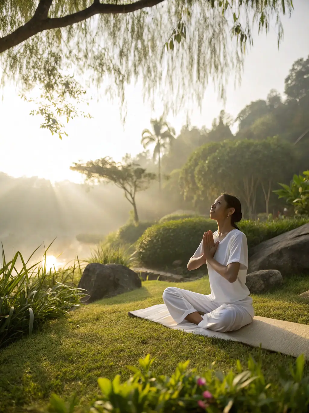 A serene image of a person practicing yoga at sunrise, emphasizing mindfulness and physical well-being.