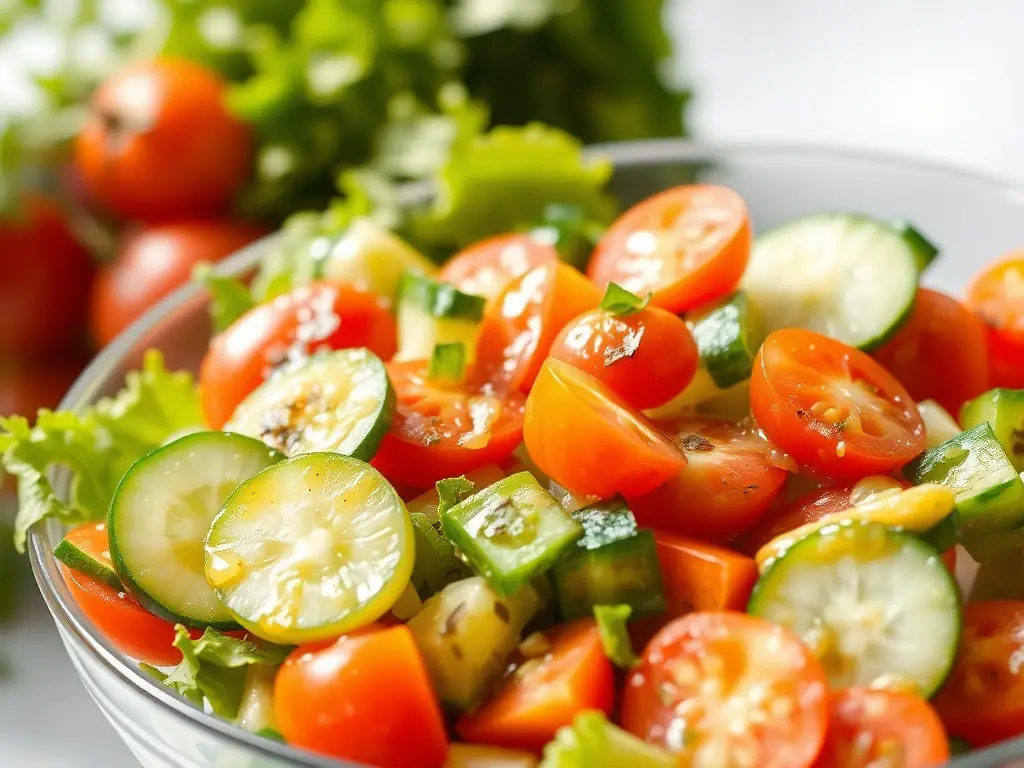 A vibrant, overhead shot of a colorful salad filled with fresh vegetables, nuts, and seeds, drizzled with a light vinaigrette, symbolizing healthy and delicious eating.