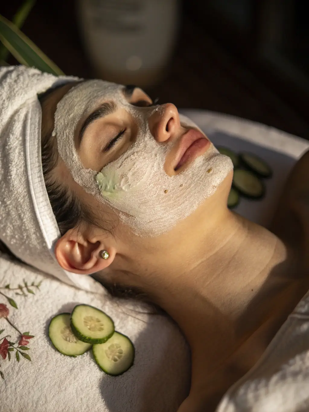 A close-up shot of a woman applying a homemade face mask with natural ingredients like avocado and honey, emphasizing the concept of natural beauty.