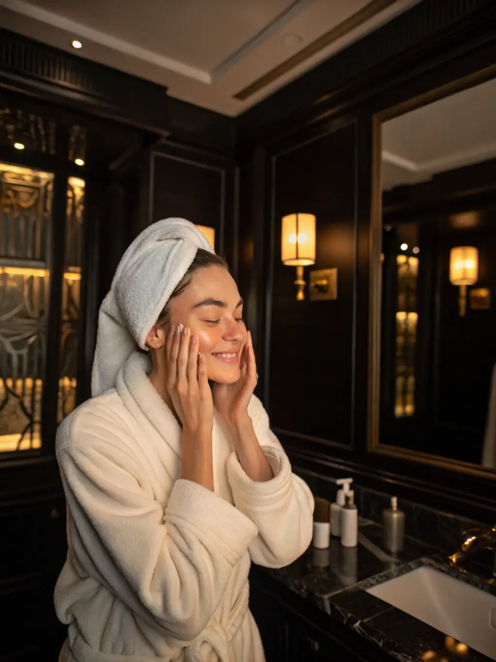 A woman with glowing skin practicing a traditional skincare ritual, such as oil pulling or facial massage, emphasizing ancient beauty practices.